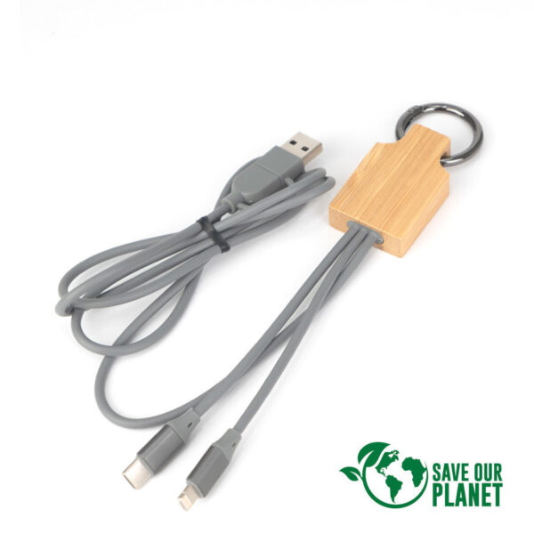 Connect Multicargador 4 en 1 de Bamboo con llavero., detalle - Llaveros Ecológicos | MerchLAB