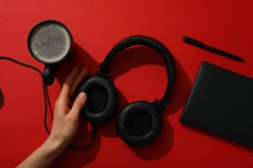 Imagen sobre regalos corporativos tecnológicos, con un auriculares y parlantes que están en nuestro catálogo de merchandising