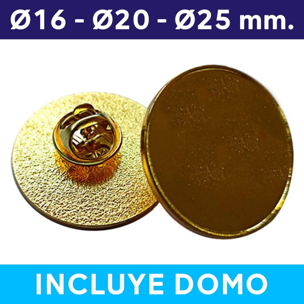 Piocha con Domo Broche Redondo 16mm, 20mm, 25mm DORADO (pins) 1 Piocha con Domo Broche Redondo 16mm, 20mm, 25mm DORADO (pins) - Piochas | MerchLAB