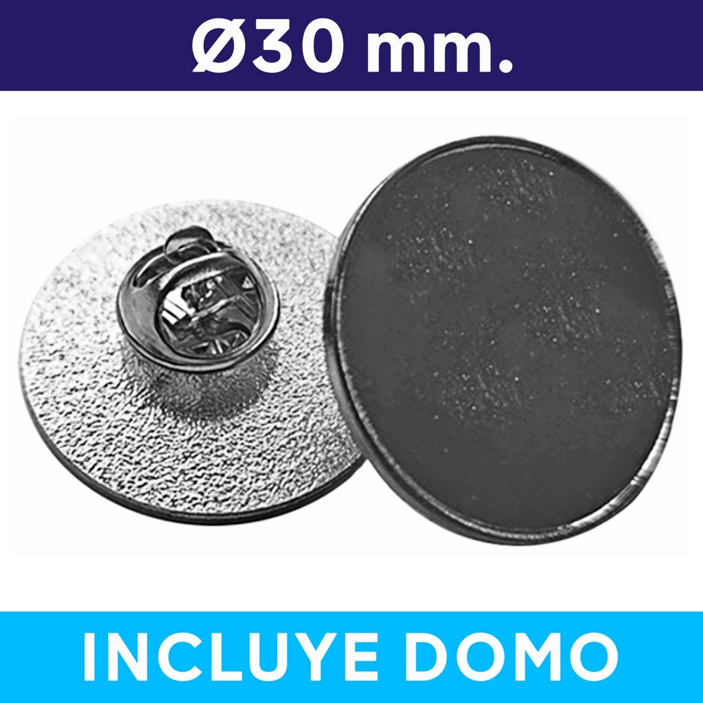 Piocha con Domo Broche Redondo 30mm PLATEADO (pins) 1 Piocha con Domo Broche Redondo 30mm PLATEADO (pins) - Piochas | MerchLAB